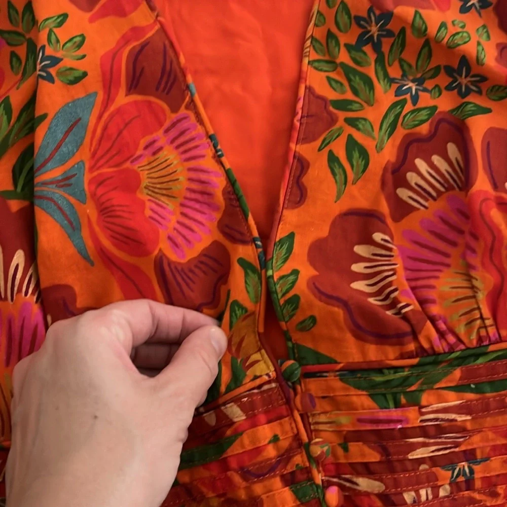 FARM RIO for Anthropologie Tropical Floral Linen Deep V Midi Dress